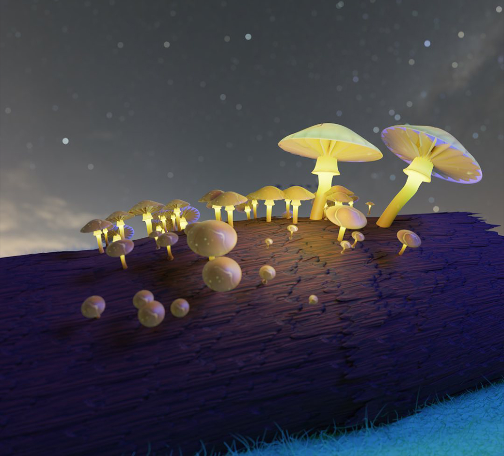 Mushrooms on log created in Blender